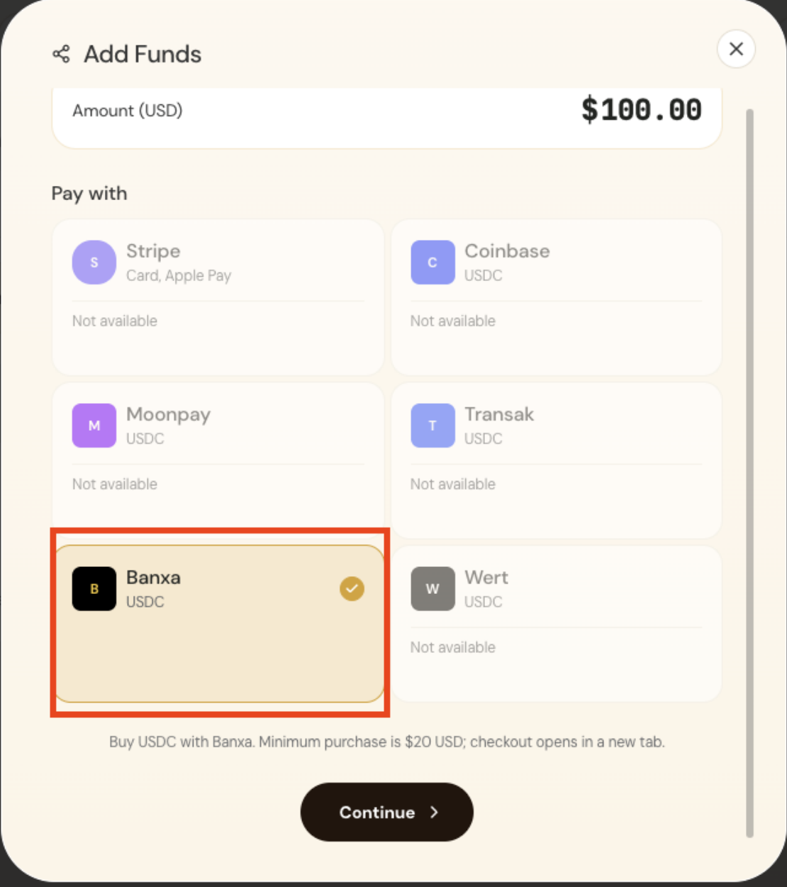 Add Funds modal with Banxa selected