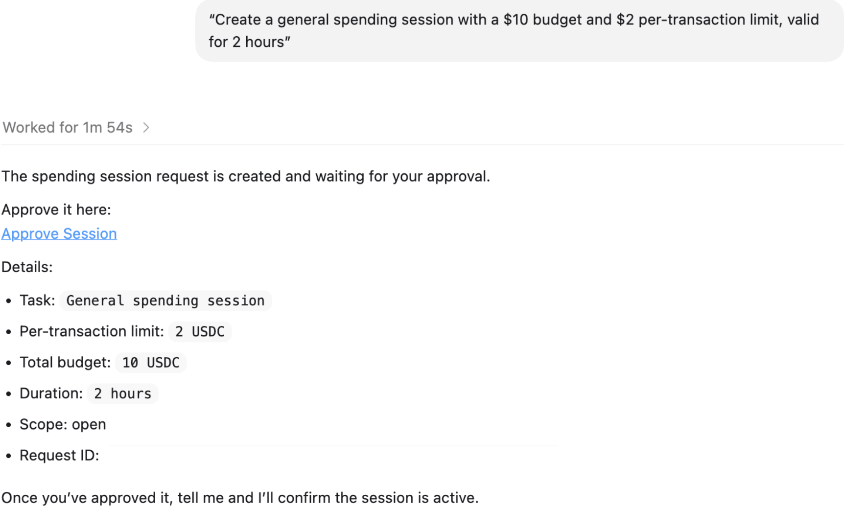 Agent creates a spending session request