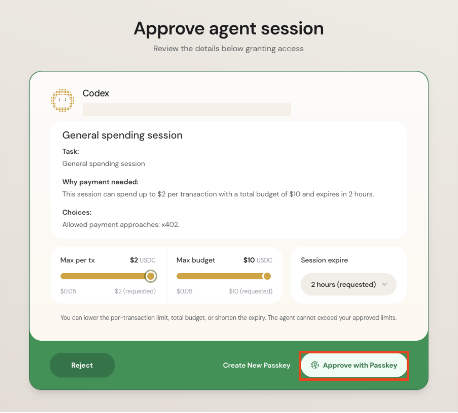 Approve agent session screen