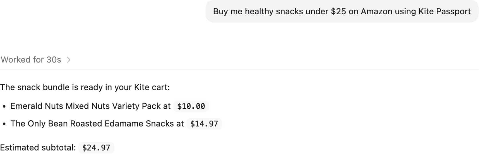 Agent prepares a snack purchase inside budget